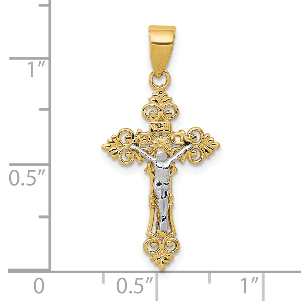 10K Two-tone Small Lacey-edged INRI Crucifix Pendant (10C4386)
