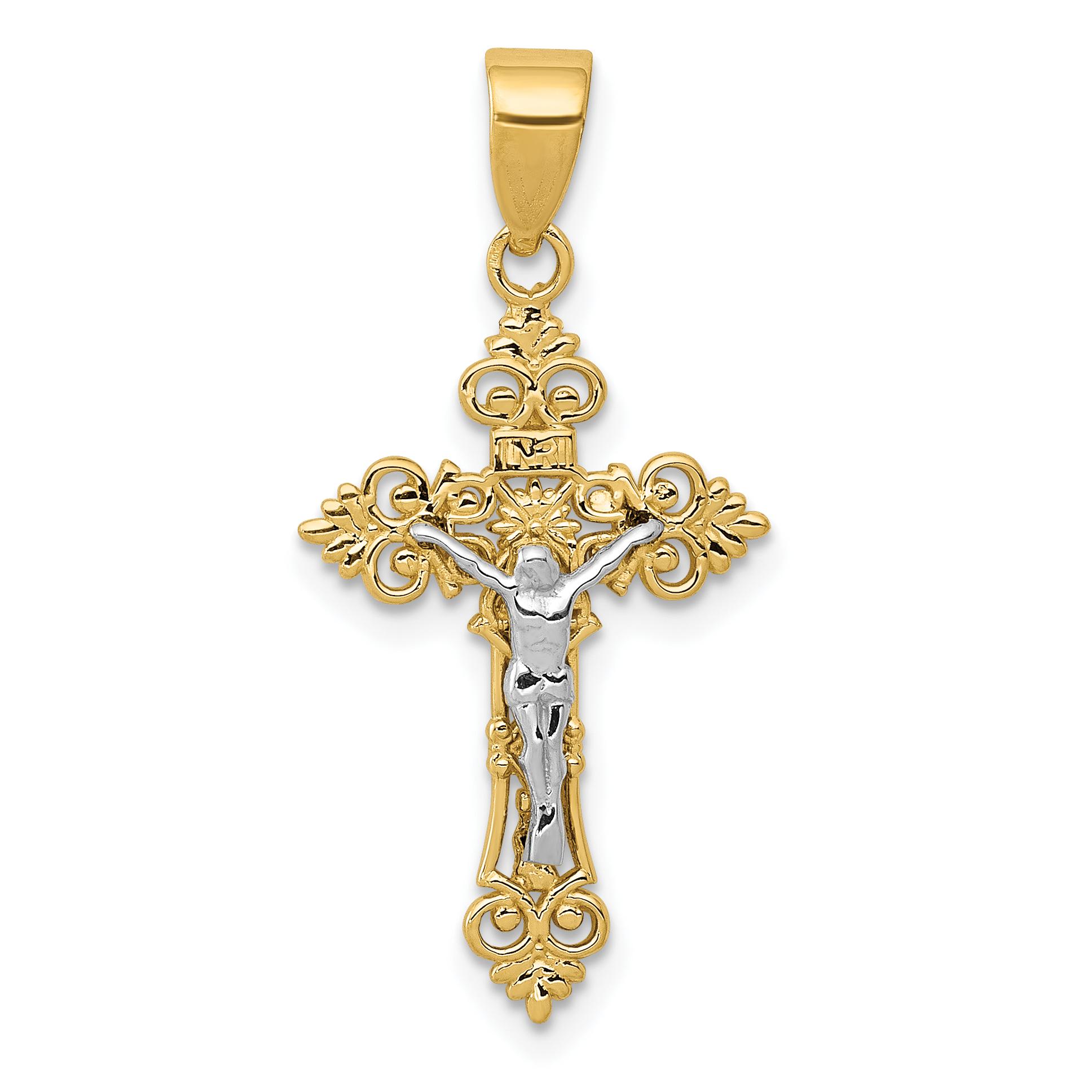 10K Two-tone Small Lacey-edged INRI Crucifix Pendant (10C4386)