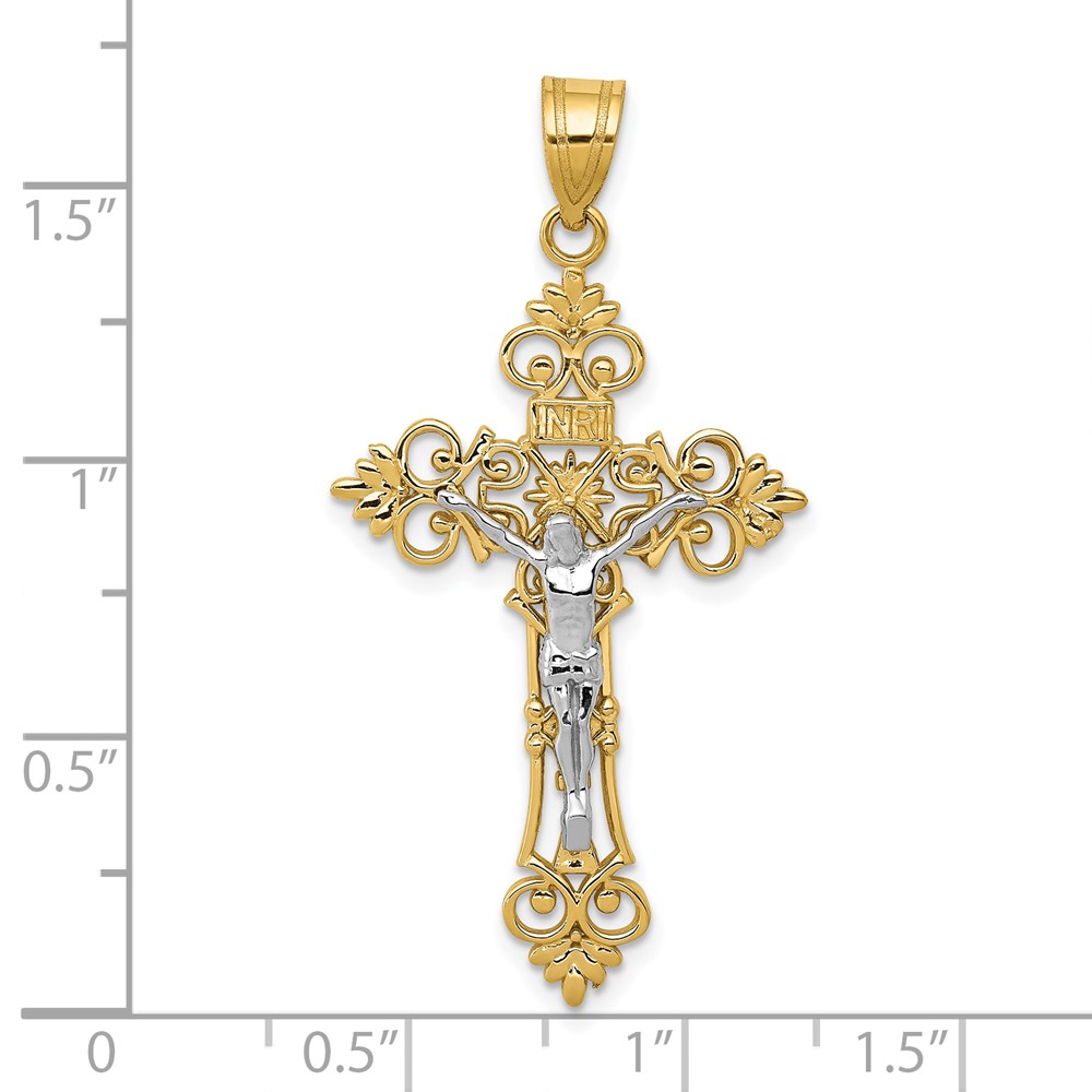 10K Two-tone Large Lacey-edged INRI Crucifix Pendant (10C4388)