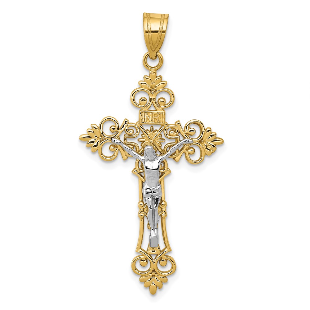 10K Two-tone Large Lacey-edged INRI Crucifix Pendant (10C4388)