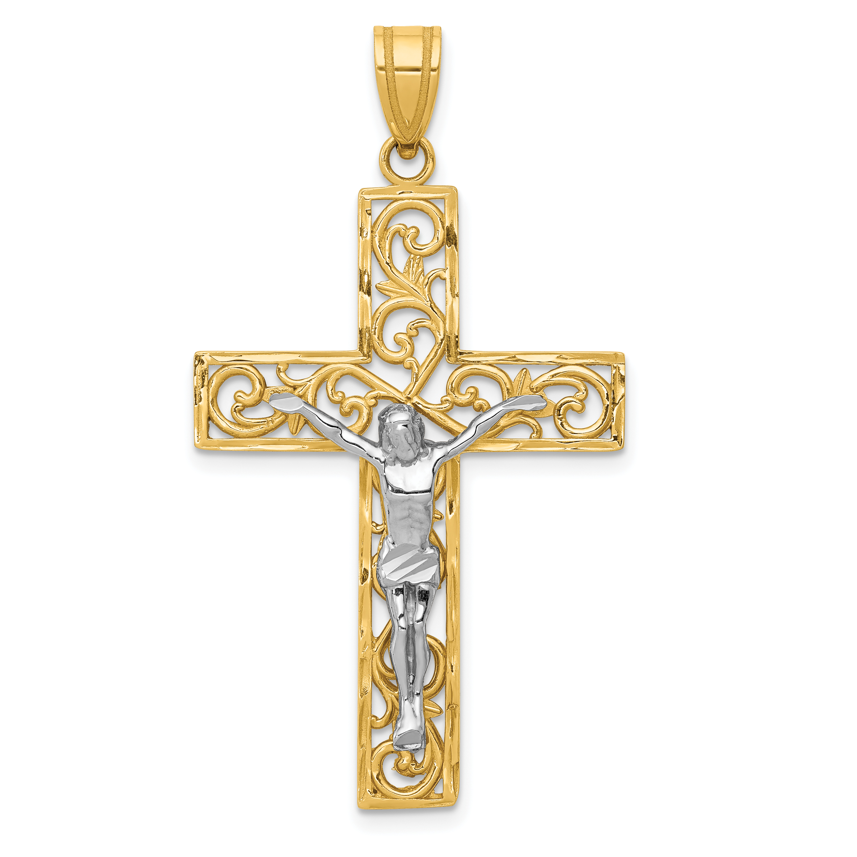 10K Two-tone D/C Large Block Filigree Cross w/Crucifix Pendant (10C4394)