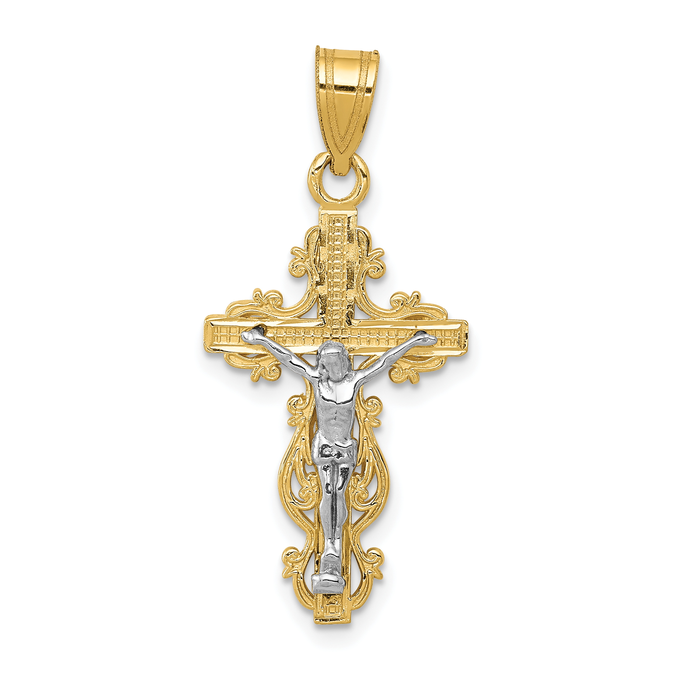 10K Two-tone Small Narrow Cross w/Crucifix Pendant (10C4395)