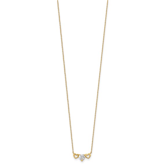 10k Polished Heart CZ Center with Two Open Hearts 18.5 inch Necklace