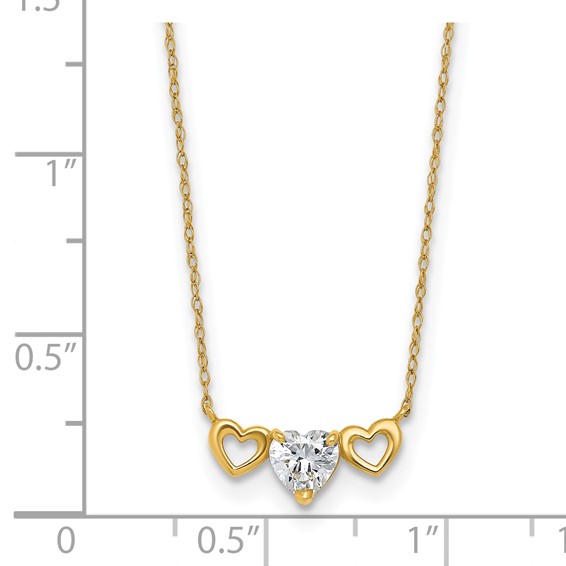 10k Polished Heart CZ Center with Two Open Hearts 18.5 inch Necklace