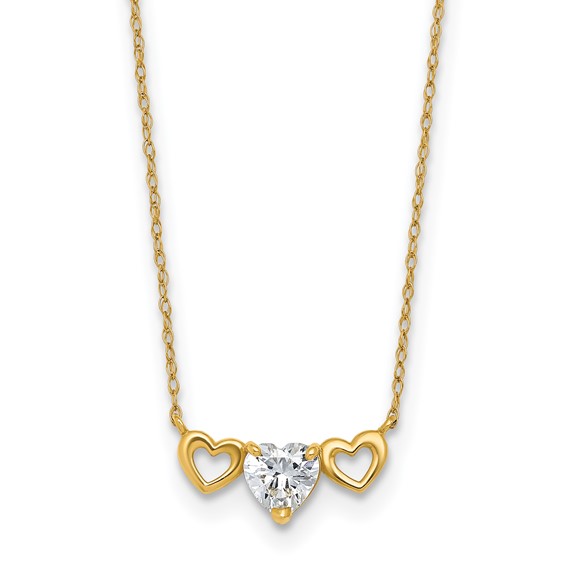 10k Polished Heart CZ Center with Two Open Hearts 18.5 inch Necklace