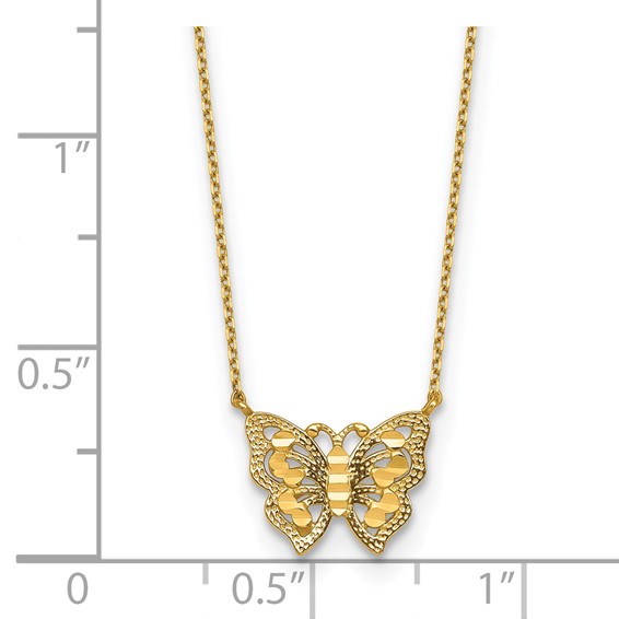 10k Polished and Diamond-cut Pierced Butterfly 15.75 inch with 2 inch Extension Necklace