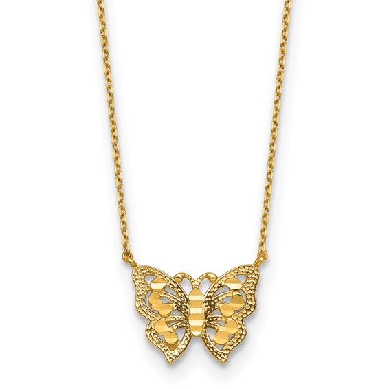 10k Polished and Diamond-cut Pierced Butterfly 15.75 inch with 2 inch Extension Necklace
