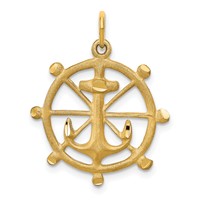 10K Yellow Gold Satin Diamond-cut Anchor in Ships Wheel Charm view 1