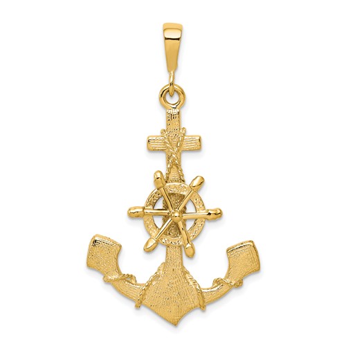 10K Yellow Gold Large Moveable Ships Wheel on Anchor Pendant