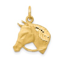 10K Yellow Gold Solid Satin Diamond-cut Horsehead Charm with Reins view 1