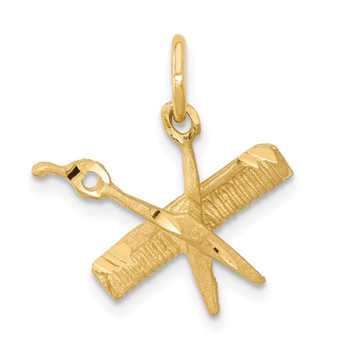10K Yellow Gold Satin Diamond-cut Comb and Scissors Charm