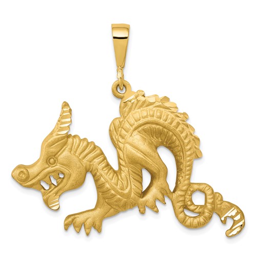 10K Yellow Gold Large Satin Diamond-cut Dragon Pendant