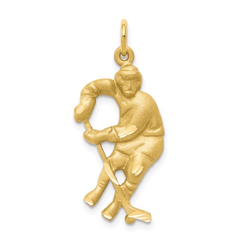 10K Yellow Gold Satin Diamond-cut Hockey Player Charm