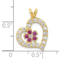 10K Yellow Gold Red and Clear CZ Heart and Flower Pendant view 3