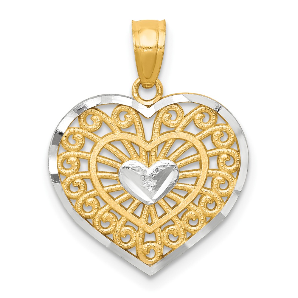 10K and White Rhodium Filigree Heart Charm