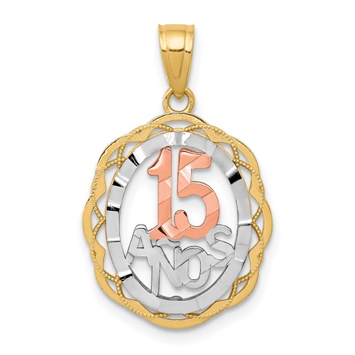 10K Two-tone and White Rhodium 15 Anos Oval Pendant