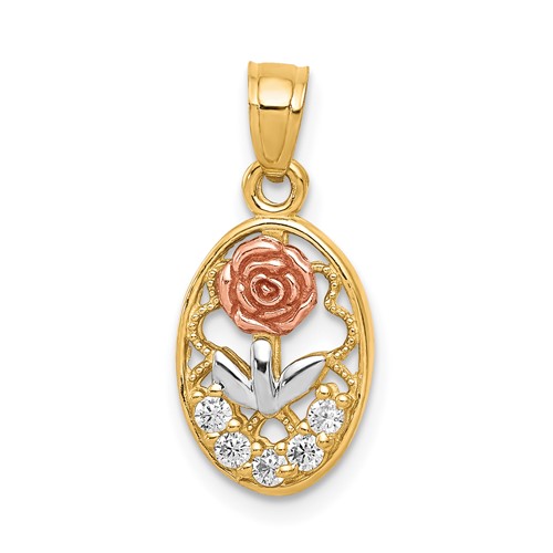 10K Two-Tone Charm with White Rhodium CZ Rose Oval