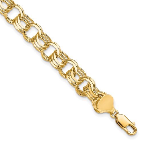 10K 8mm Yellow Gold Solid Diamond-cut Triple Link Charm Bracelet, 7"