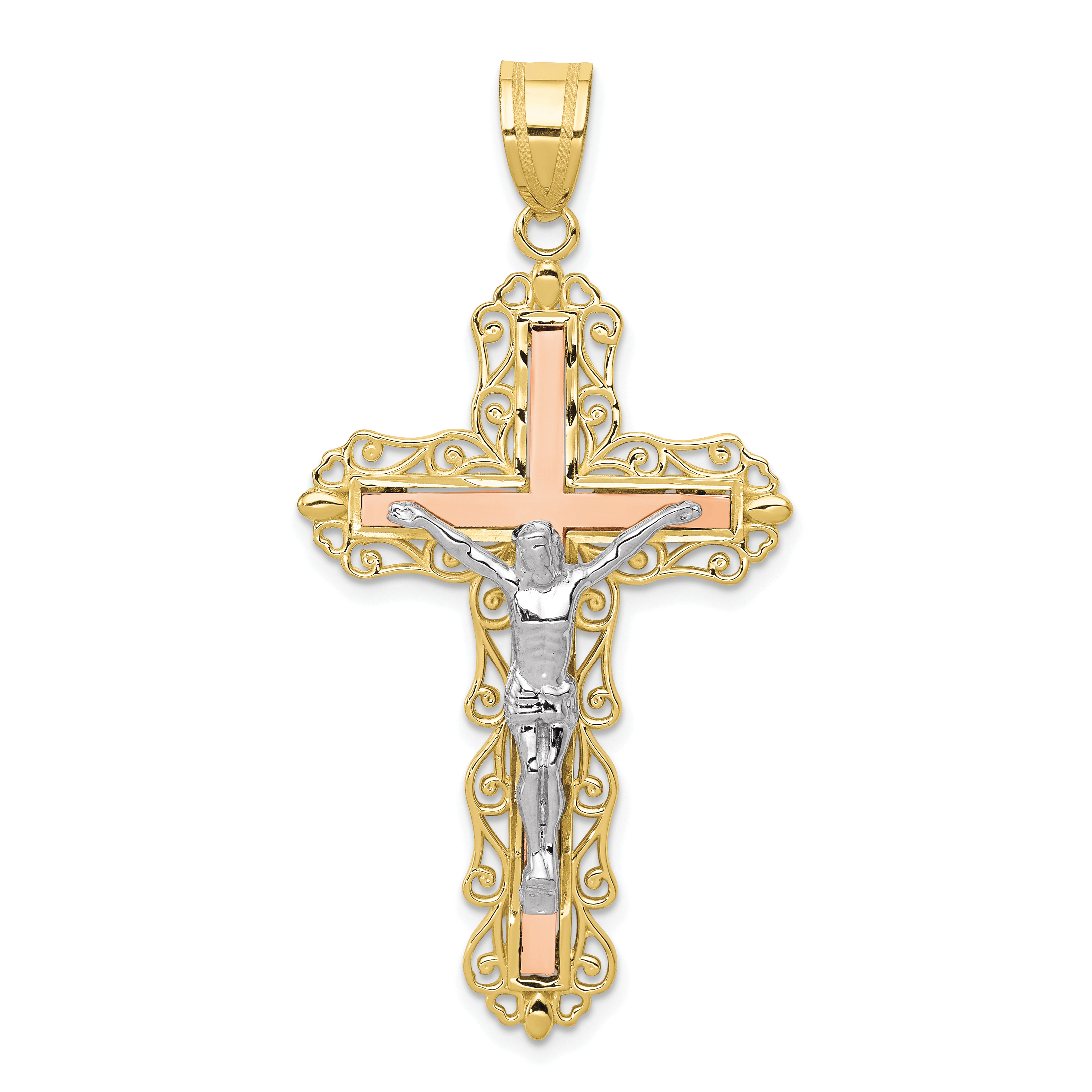 10K Tri-color Diamond-cut Crucifix Pendant (10D3646)