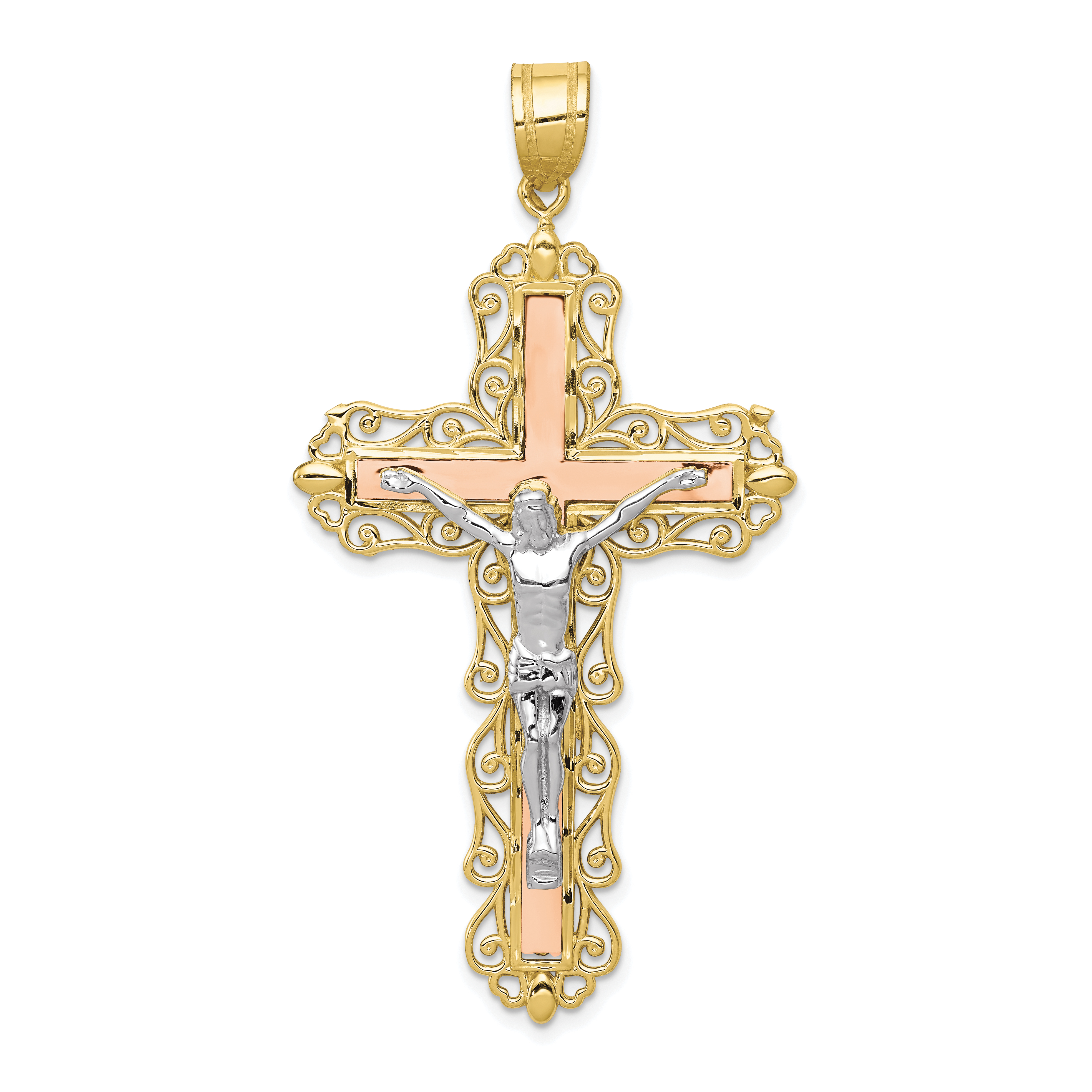 10K Tri-color Diamond-cut Crucifix Pendant (10D3647)