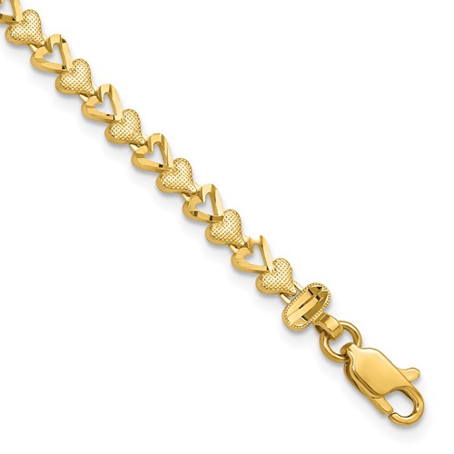 10K Yellow Gold Diamond-cut Heart Bracelet, 7"