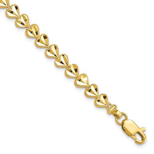 10K Yellow Gold Diamond-cut Heart Bracelet, 7"