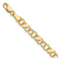 10K 4mm Yellow Gold Solid Double Link Bracelet with Hearts Charm - 7in view 1