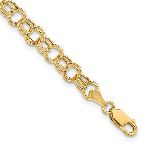 10K 6mm Yellow Gold Hollow Double Link Charm Bracelet, 7"