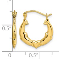 10K Yellow Gold Dolphin Heart Hollow Hoop Earrings view 2