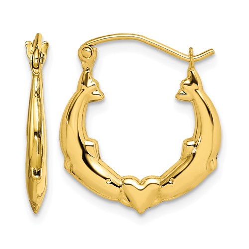 10K Yellow Gold Dolphin Heart Hollow Hoop Earrings