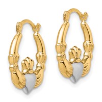 10K and White Rhodium Claddagh Hollow Hoop Earrings view 2