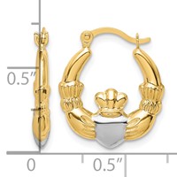 10K and White Rhodium Claddagh Hollow Hoop Earrings view 4