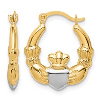 10K and White Rhodium Claddagh Hollow Hoop Earrings view 1