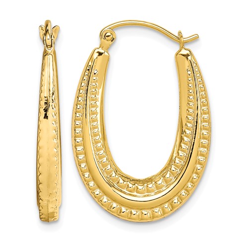 10K Yellow Gold Textured Oval Hollow Hoop Earrings