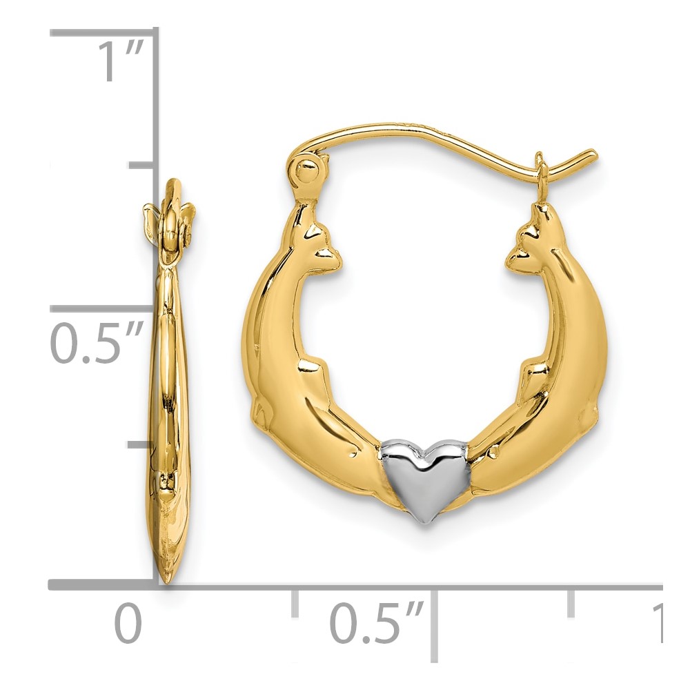 10K and Rhodium Dolphin Heart Hollow Hoop Earrings (10ER272)
