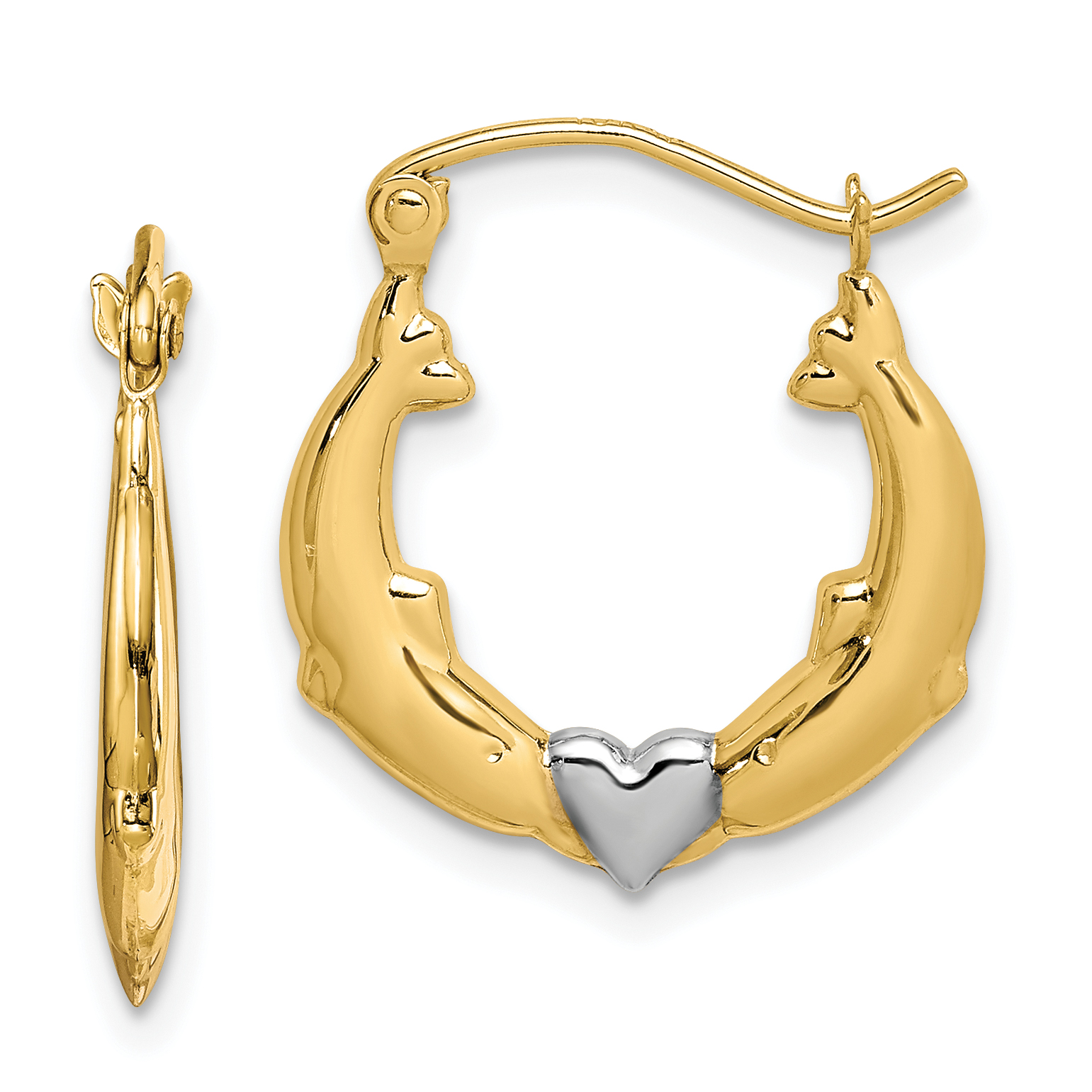 10K and Rhodium Dolphin Heart Hollow Hoop Earrings (10ER272)