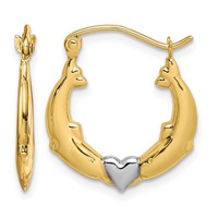10K and White Rhodium Dolphin Heart Hollow Hoop Earrings view 1