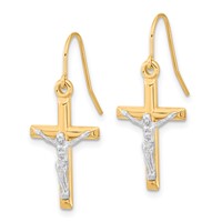 10K Two-tone Polished Crucifix Dangle Shepherd Hook Earrings view 2