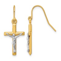 10K Two-tone Polished Crucifix Dangle Shepherd Hook Earrings view 1