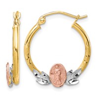 10K Tri-color Our Lady of Guadalupe Diamond-cut Hoop Earrings view 1