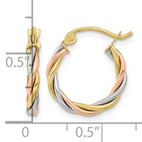 10K Tri-color Polished 2.5mm Twisted Round Hoop Earrings view 4