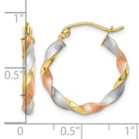 10K Earrings with White and Rose Rhodium Satin Twisted Round Hoop view 2