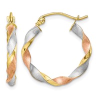 10K Earrings with White and Rose Rhodium Satin Twisted Round Hoop view 1
