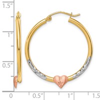 10K Two-tone and White Rhodium Diamond Cut Heart Hoop Earrings view 2