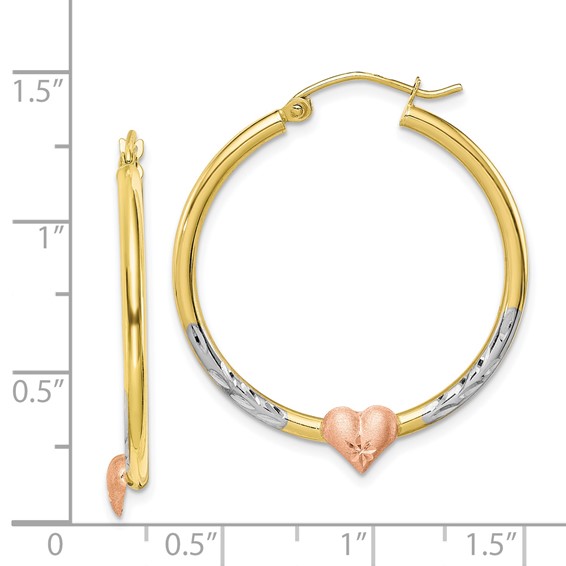 Gold Two-tone w/Rhodium Heart Hoop Earrings