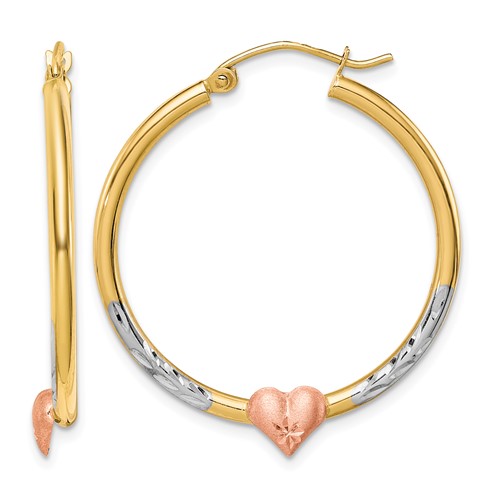 10K Two-tone and White Rhodium Diamond Cut Heart Hoop Earrings
