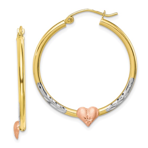 Gold Two-tone w/Rhodium Heart Hoop Earrings