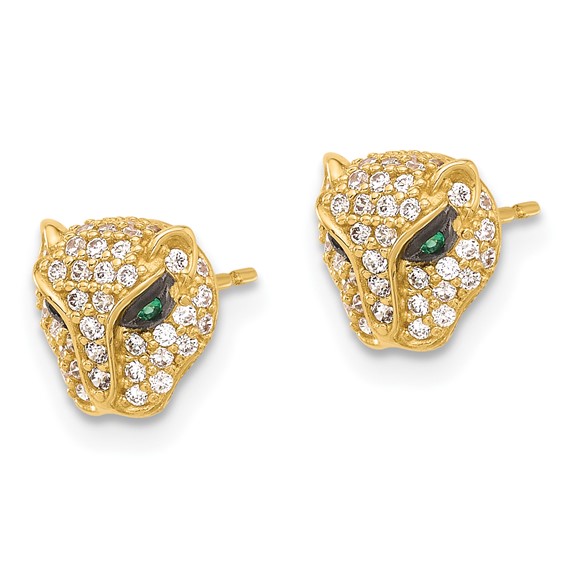 10K Polished Clear & Green CZ Lioness Head Post Earrings