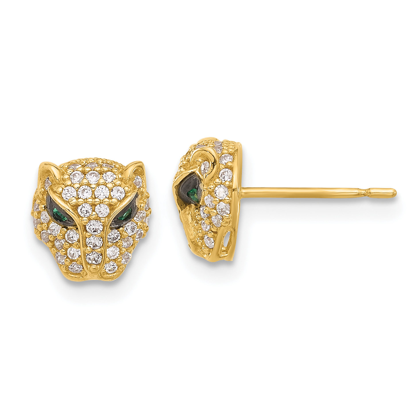 10K Polished Clear & Green CZ Lioness Head Post Earrings (10ER363)