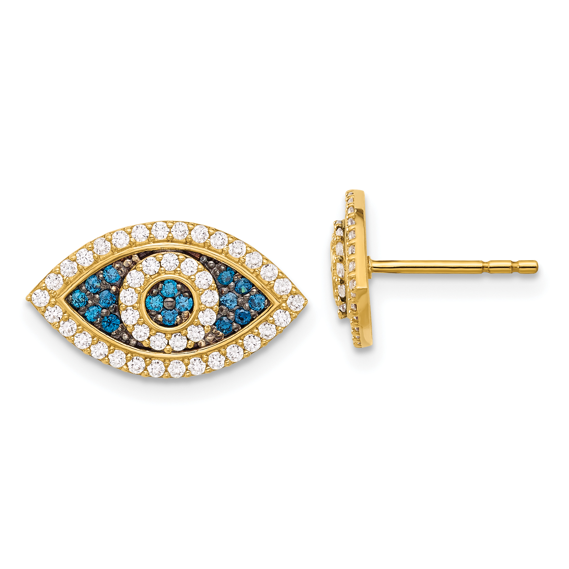 10K Polished Blue & Clear CZ Evil Eye Post Earrings (10ER364)
